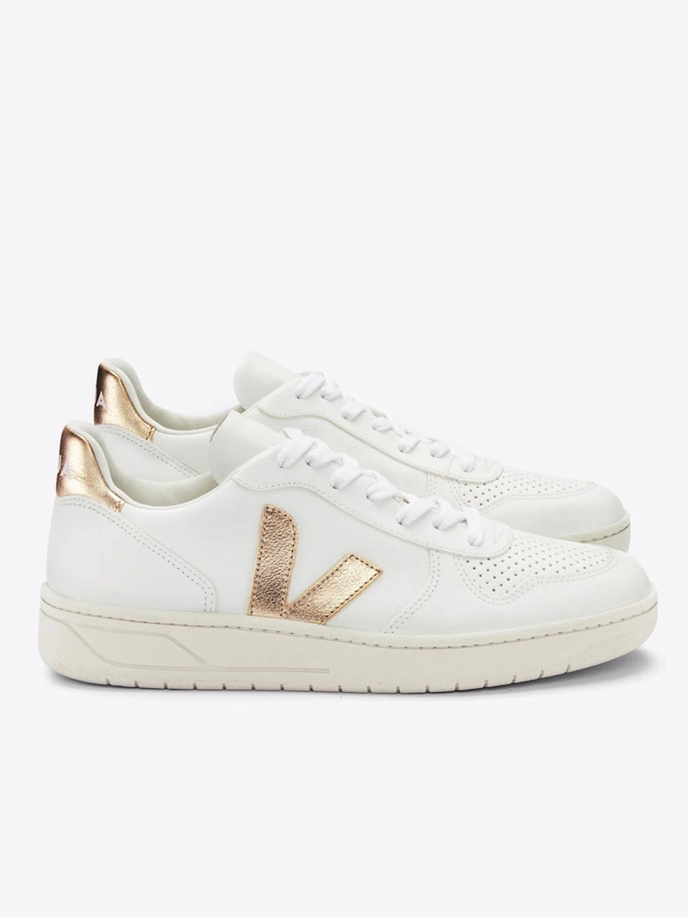 Veja V-10 White with Platine Gold Chrome Leather Sneakers Women’s Size 10